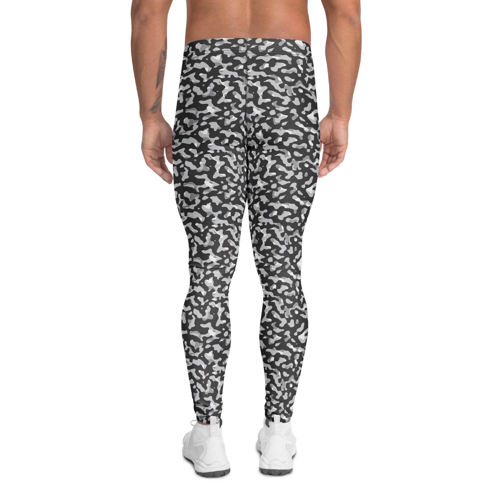 A man wearing high-waisted athletic leggings with a black, gray, and white camouflage pattern, shown from the back against a solid white background. Stylish Monochrome Black and White Urban Camouflage Men's Leggings