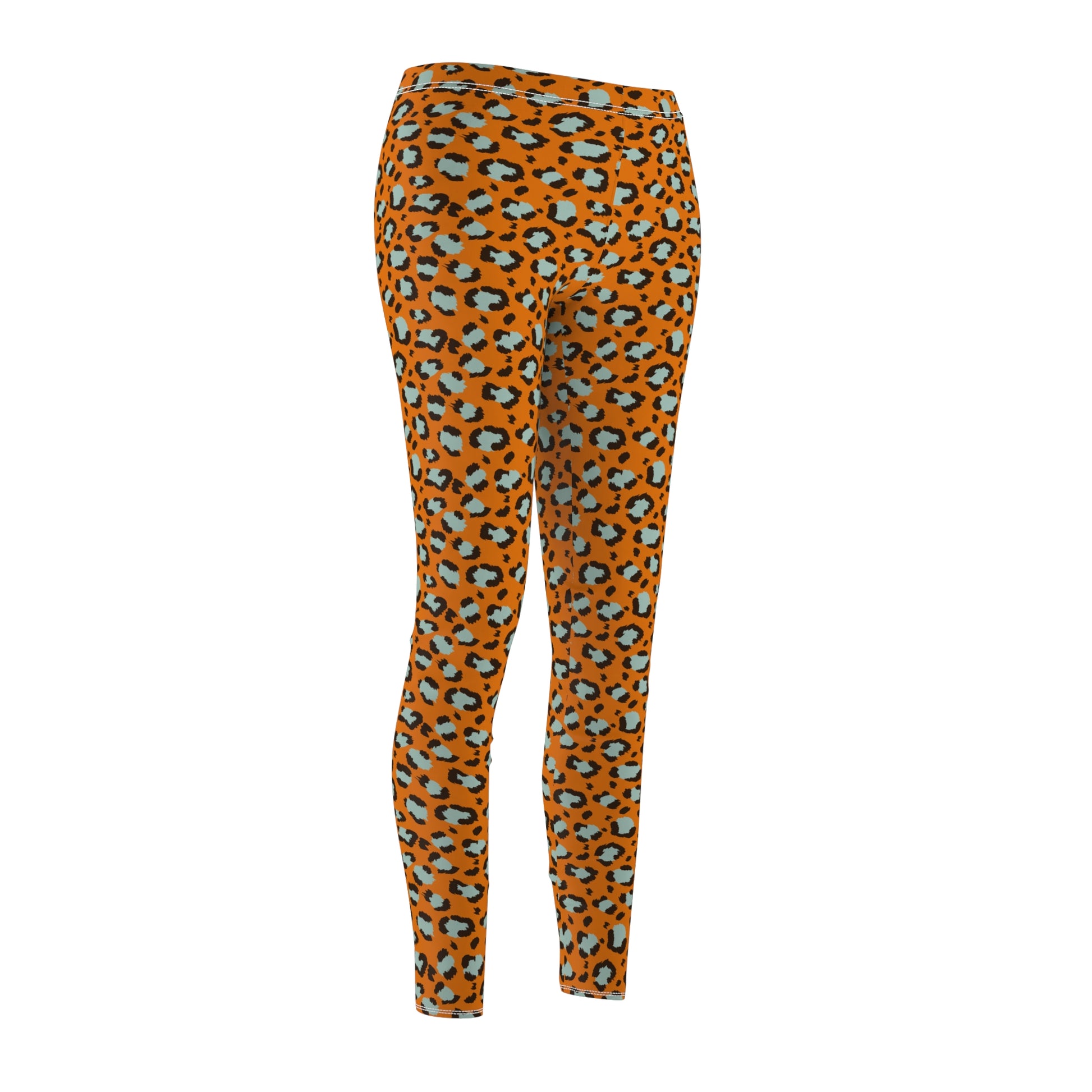 Orange leggings with an all-over leopard print pattern in black, gray, and white, shown on a plain white background. Trendy Bold Orange Leopard Print Women's Casual Leggings