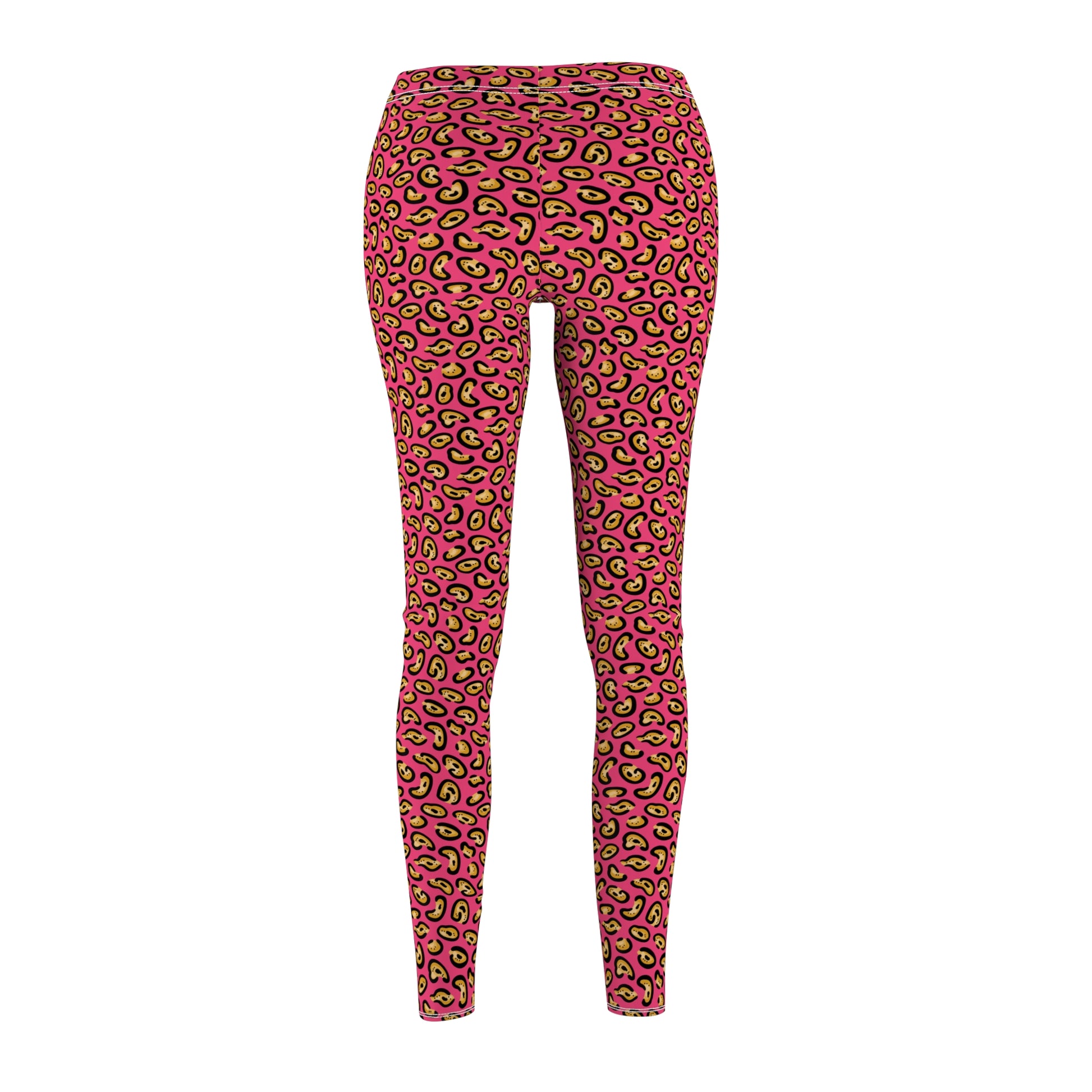 Pink leopard print leggings with black and green spots, shown on a plain white background. Trendy Casual Leggings in Bold Leopard Design