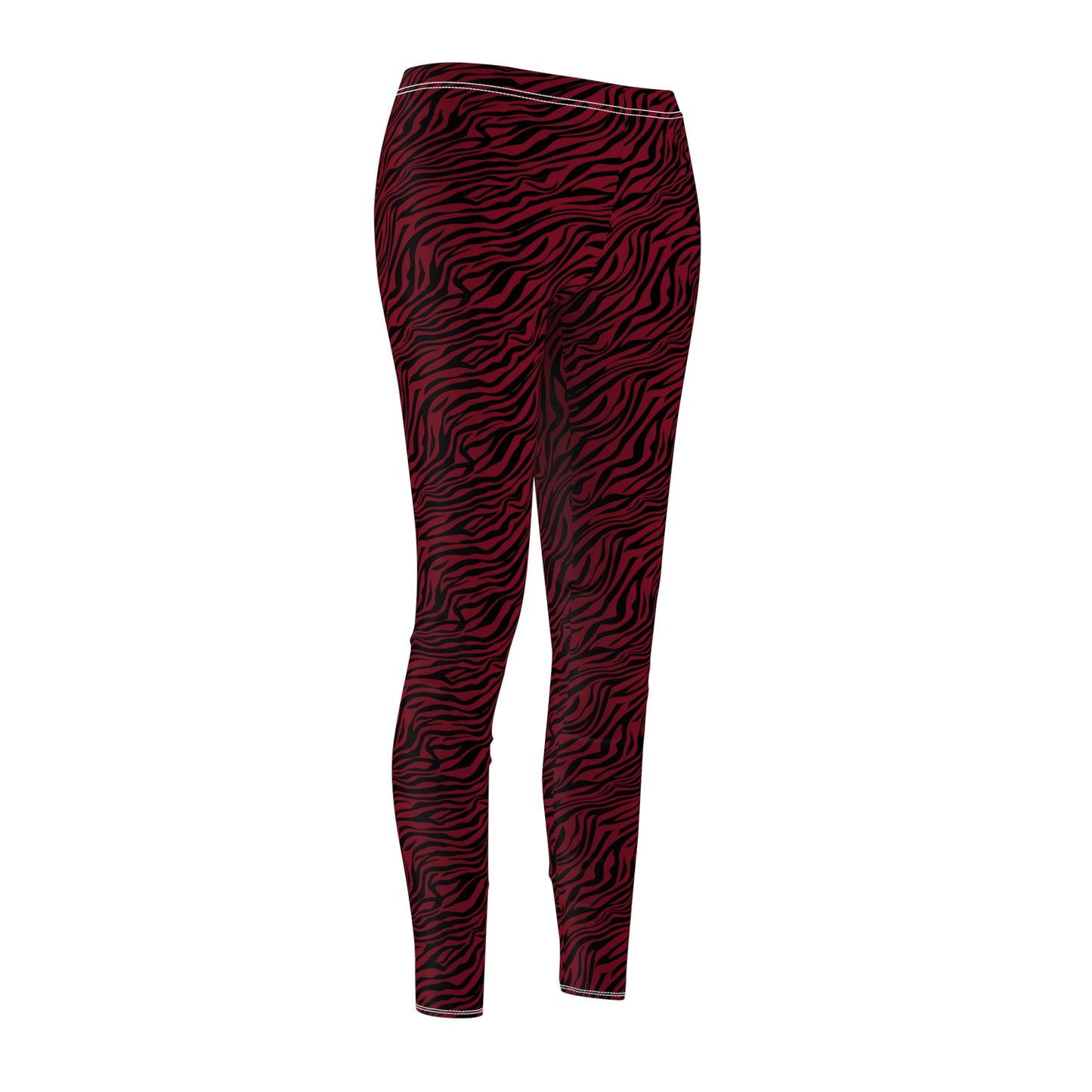 Red and black zebra print leggings shown on a ghost mannequin against a plain white background. Trendy Comfortable Bold Red Zebra Print Women's Casual Leggings
