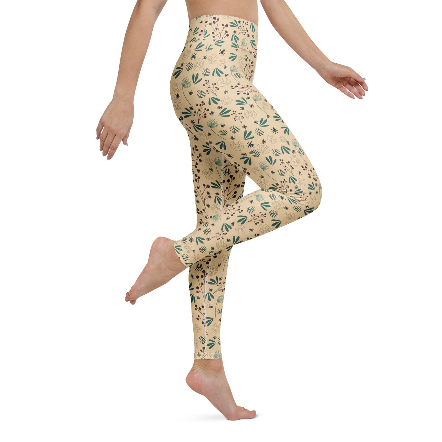 Trendy Comfortable Botanical Beige Floral Yoga Leggings Activewear