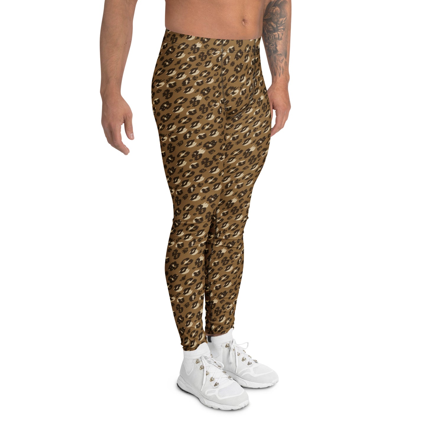 A person modeling high-waisted leopard-print leggings with white sneakers against a plain white background. Trendy Durable Bold Brown Leopard Print Men's Leggings Activewear