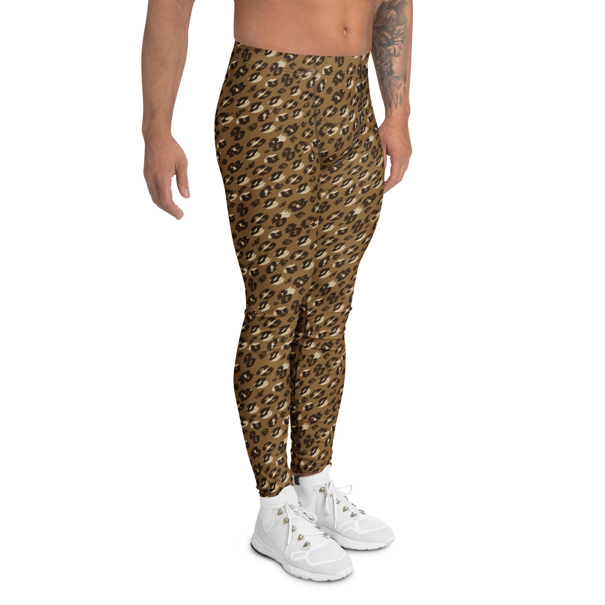 A person modeling high-waisted leopard-print leggings with white sneakers against a plain white background. Trendy Durable Bold Brown Leopard Print Men's Leggings Activewear