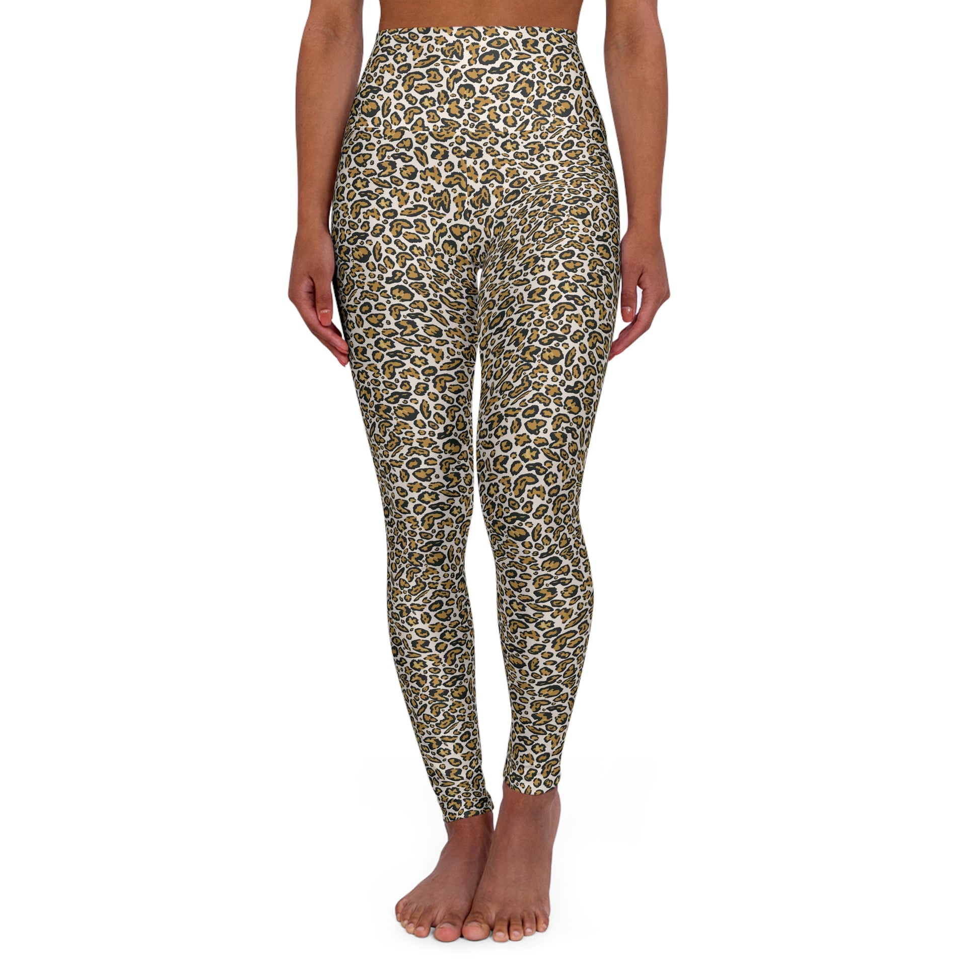 A model wearing high-waisted leggings with an all-over leopard print pattern in olive green, brown, black, and beige, shown against a plain white background.