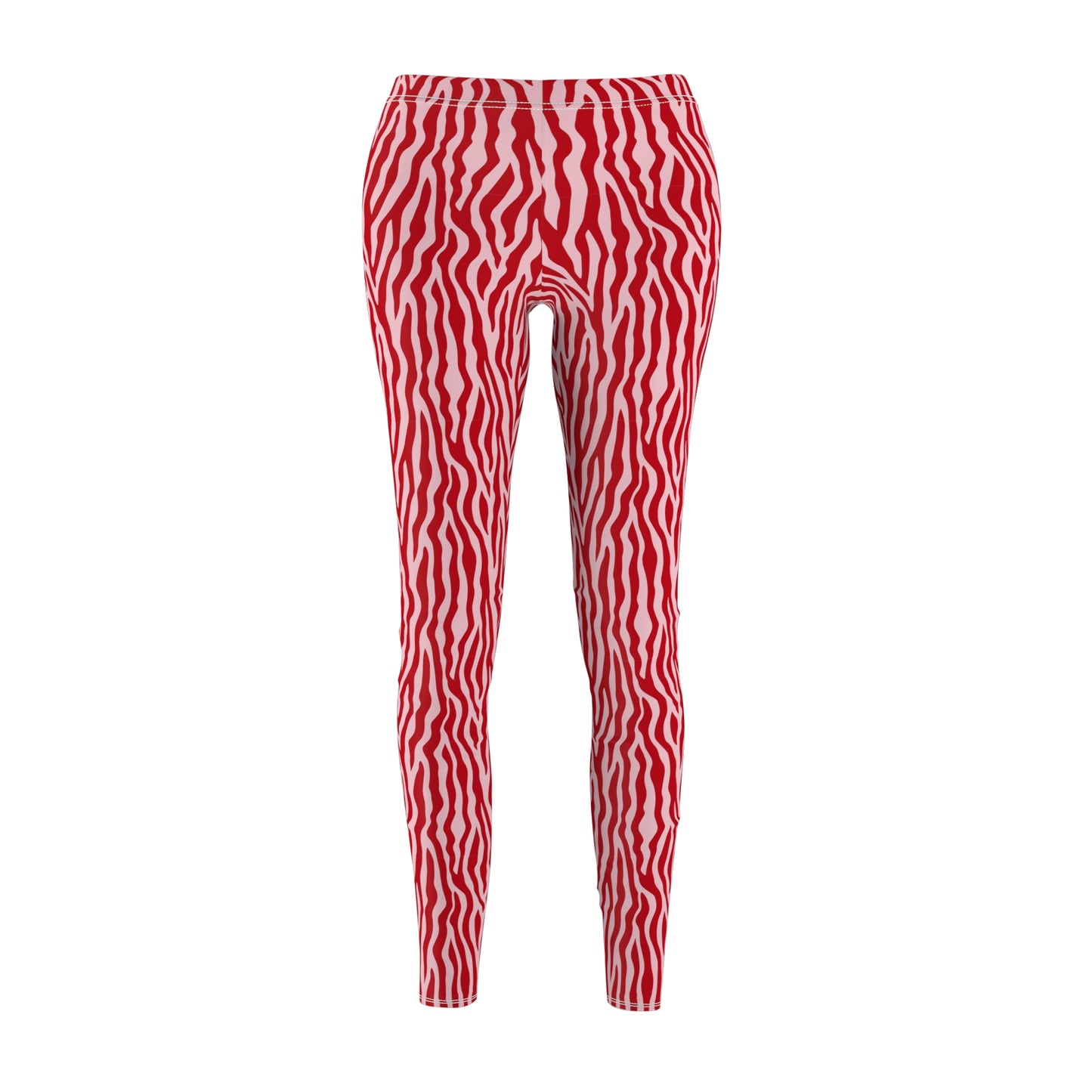 Red and white wavy zebra-print leggings shown from the back on a plain white background. Trendy Pink Zebra Stripe Activewear Bottoms