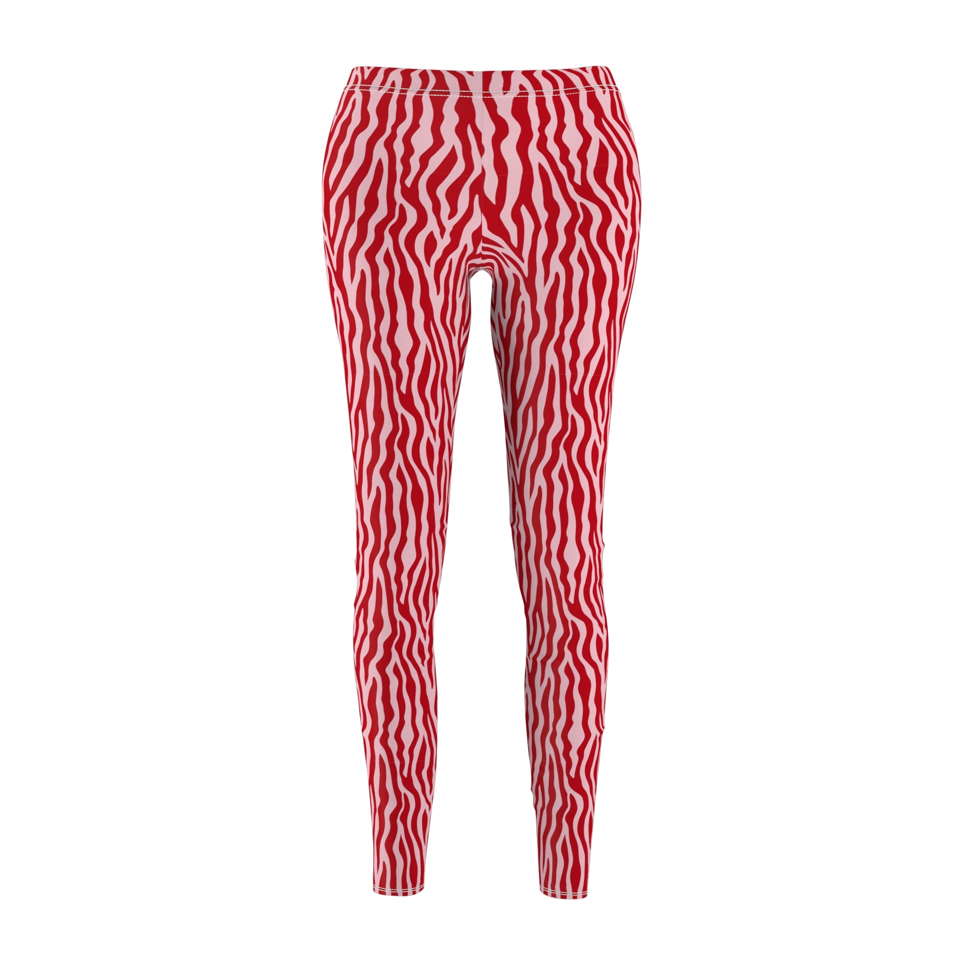 Red and white wavy zebra-print leggings shown from the back on a plain white background. Trendy Pink Zebra Stripe Activewear Bottoms