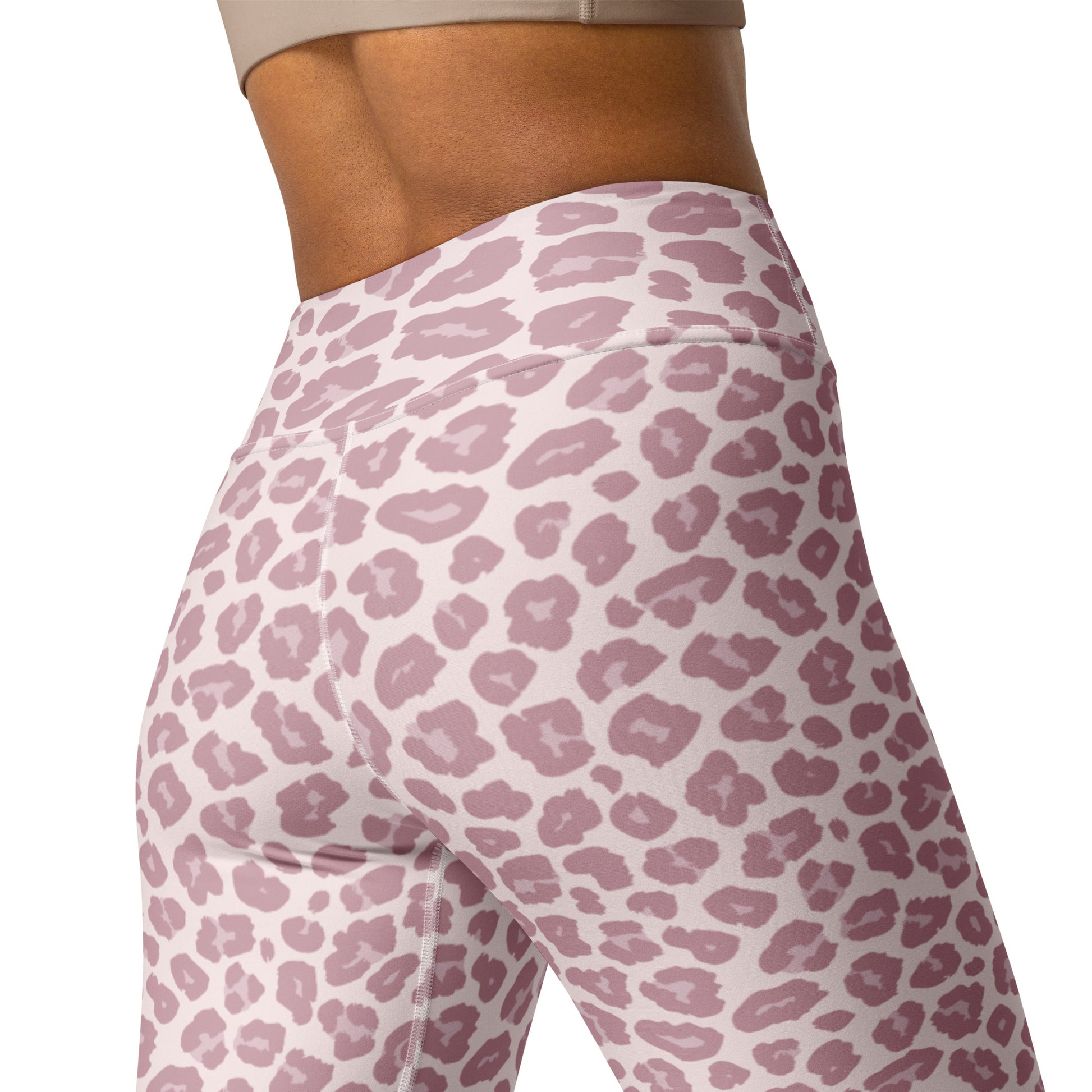 Beige leggings worn by a person on a white background Unique Chic Pink Leopard Pattern Pastel Yoga Leggings Activewear
