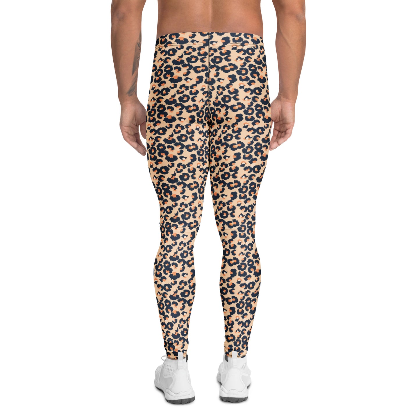 A person shown from the back wearing leopard-print leggings and white sneakers against a plain white studio background. Unique Comfortable Bold Leopard Print Men's Leggings for Activewear