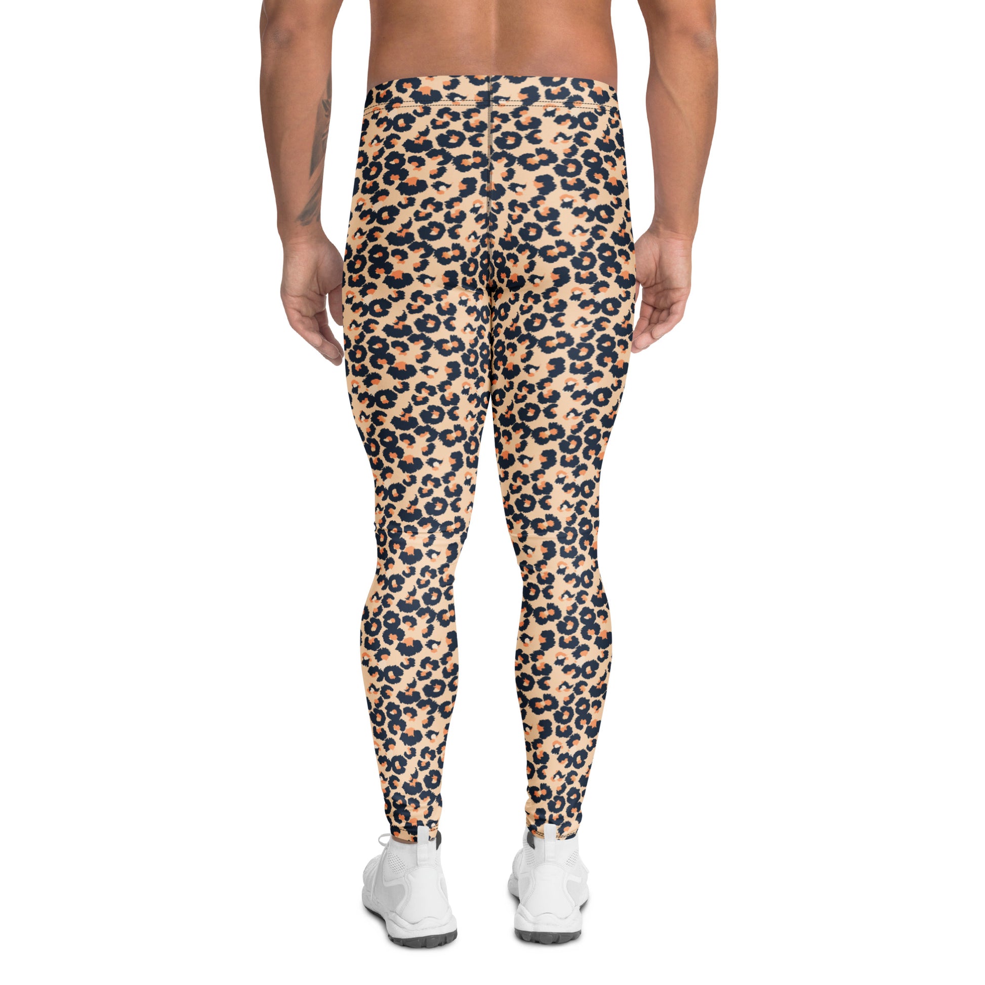 A person shown from the back wearing leopard-print leggings and white sneakers against a plain white studio background. Unique Comfortable Bold Leopard Print Men's Leggings for Activewear