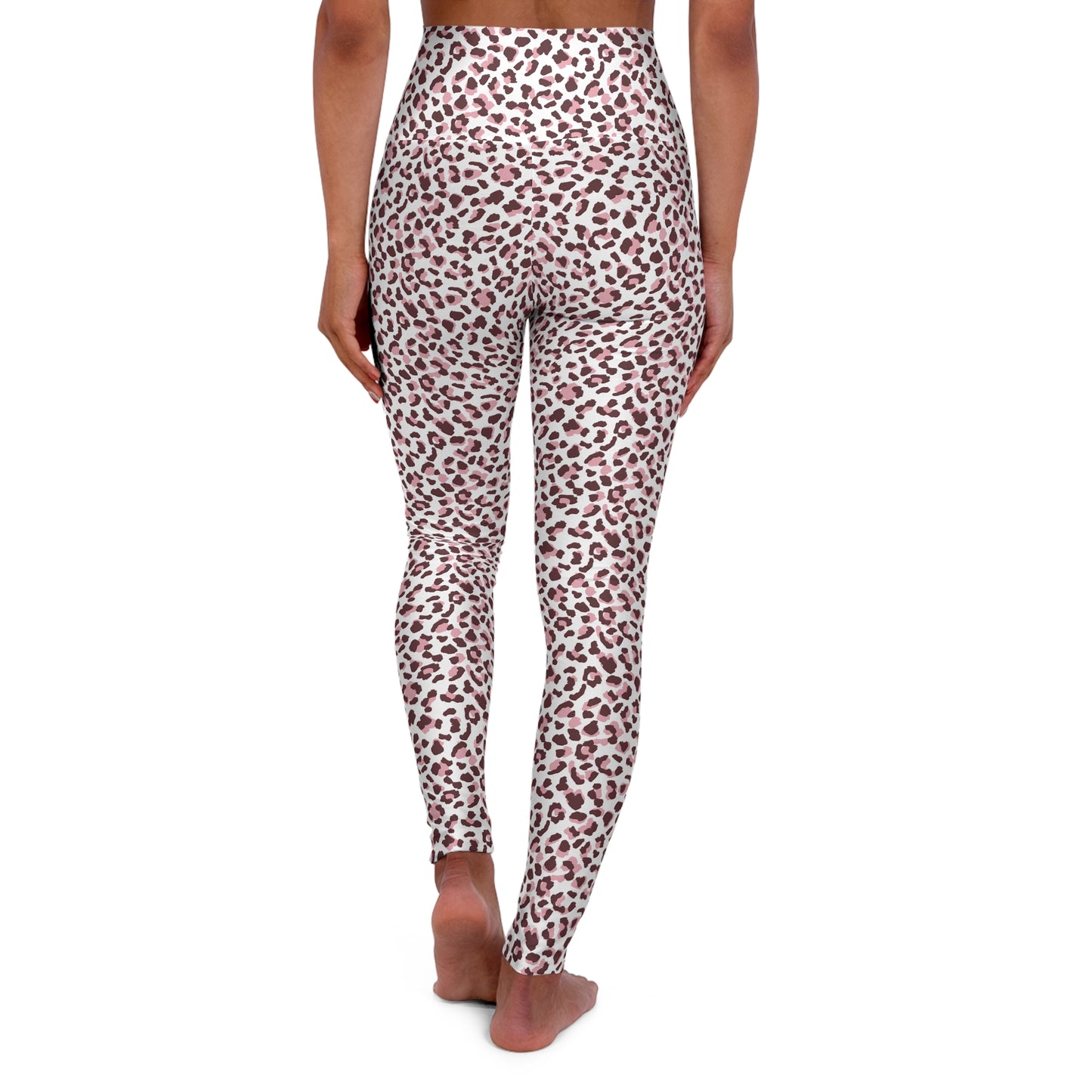 Rear view of a model wearing high-waisted leopard print leggings against a plain white background. Unique Cute Pink Leopard Skin High Waisted Yoga Leggings Activewear