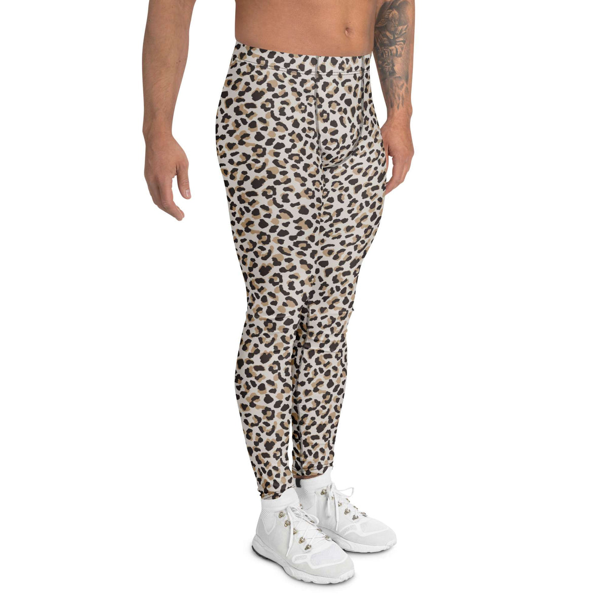 A model wearing high-waisted leopard print leggings with white sneakers, shown from the waist down on a solid white background. Unique Minimalist Leopard Skin Men's Athletic Leggings Activewear