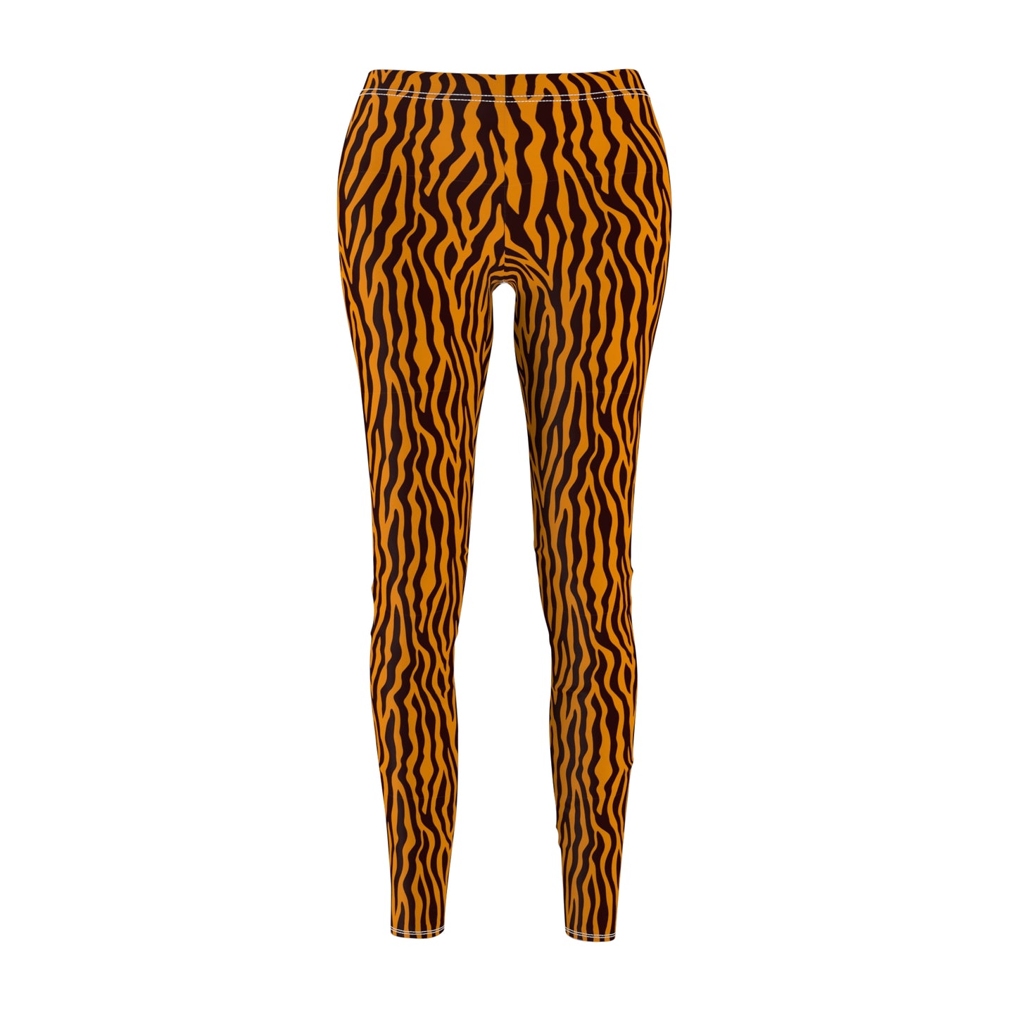 Tight-fitting leggings with an orange and black tiger stripe pattern, shown on a plain white background. Vibrant Orange Tiger Print Leggings for Women