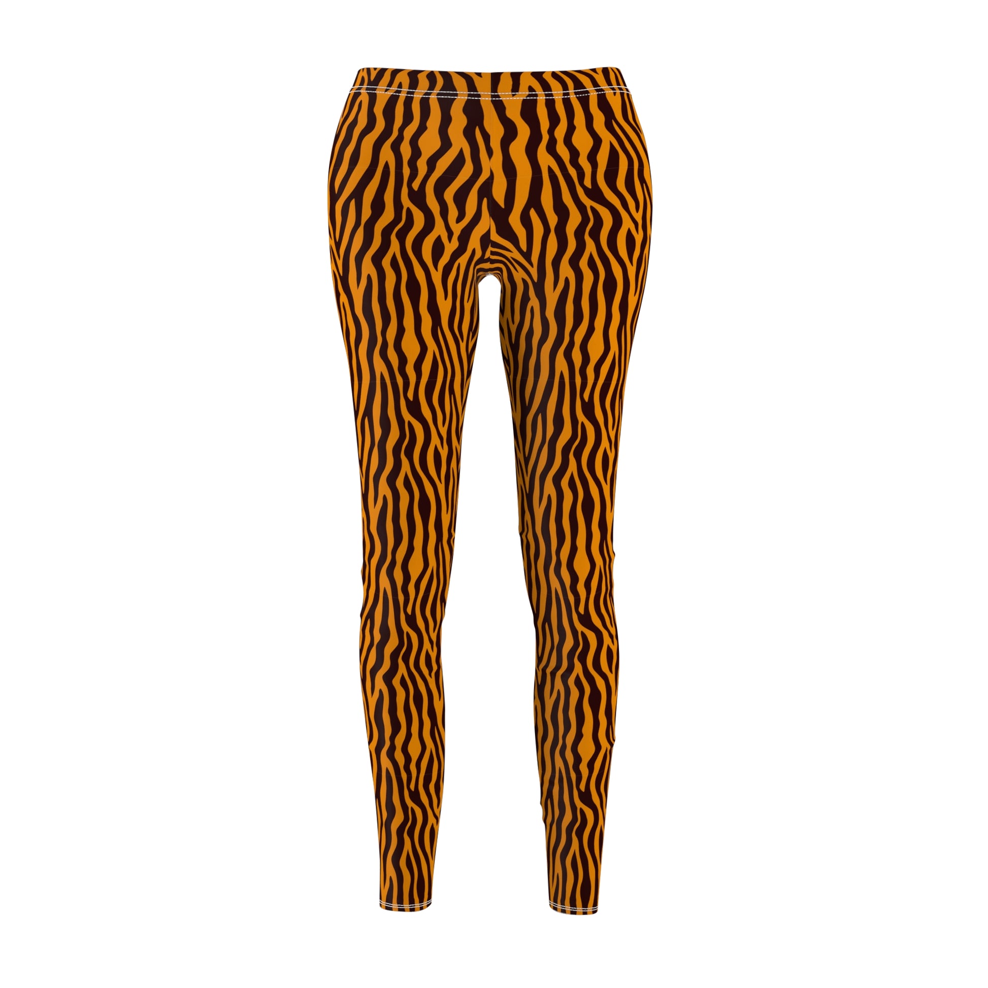 Tight-fitting leggings with an orange and black tiger stripe pattern, shown on a plain white background. Vibrant Orange Tiger Print Leggings for Women
