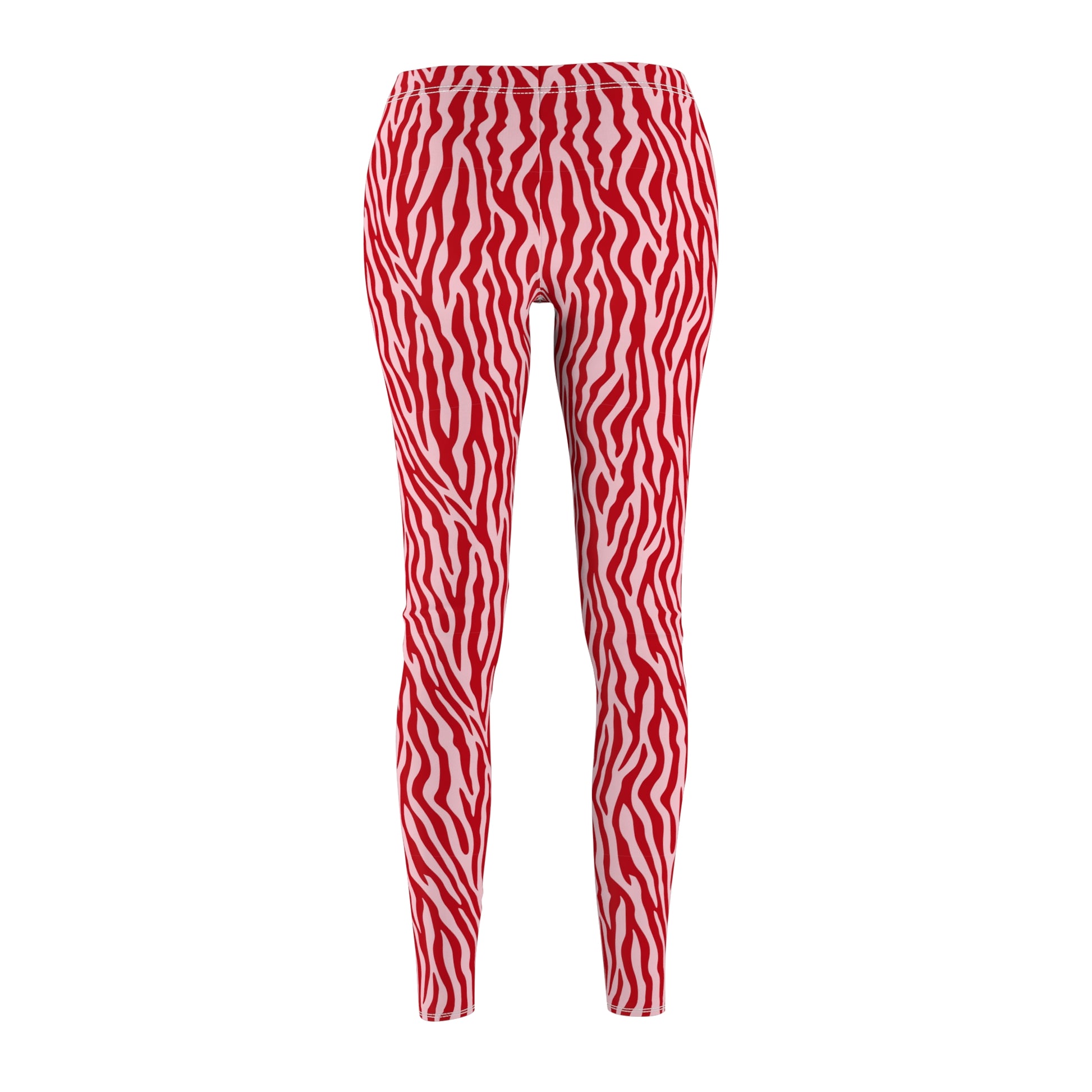 Red and white wavy zebra print leggings shown on a ghost mannequin against a plain white background. Vibrant Pink Zebra Stripe Leggings for Style