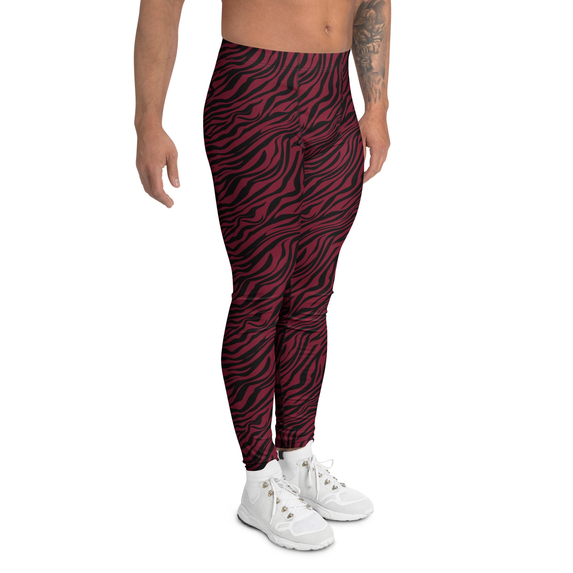 Red and black leopard print pants worn by a person on a white background Vintage Comfortable Bold Red Zebra Print Men's Athletic Leggings Activewear