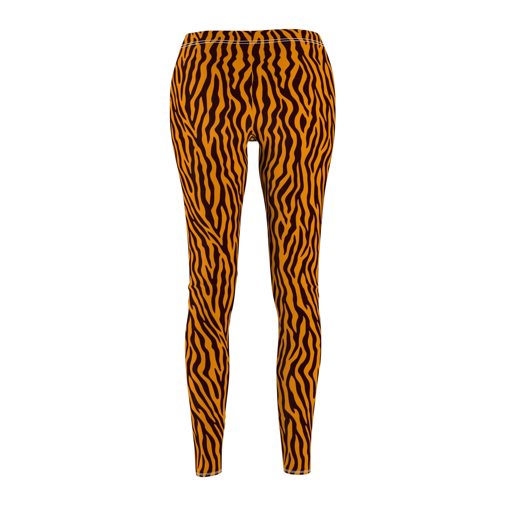 A pair of full-length leggings with a bold orange and black tiger stripe pattern, shown against a plain white background. Women’s Casual Leggings with Tiger Stripe Design