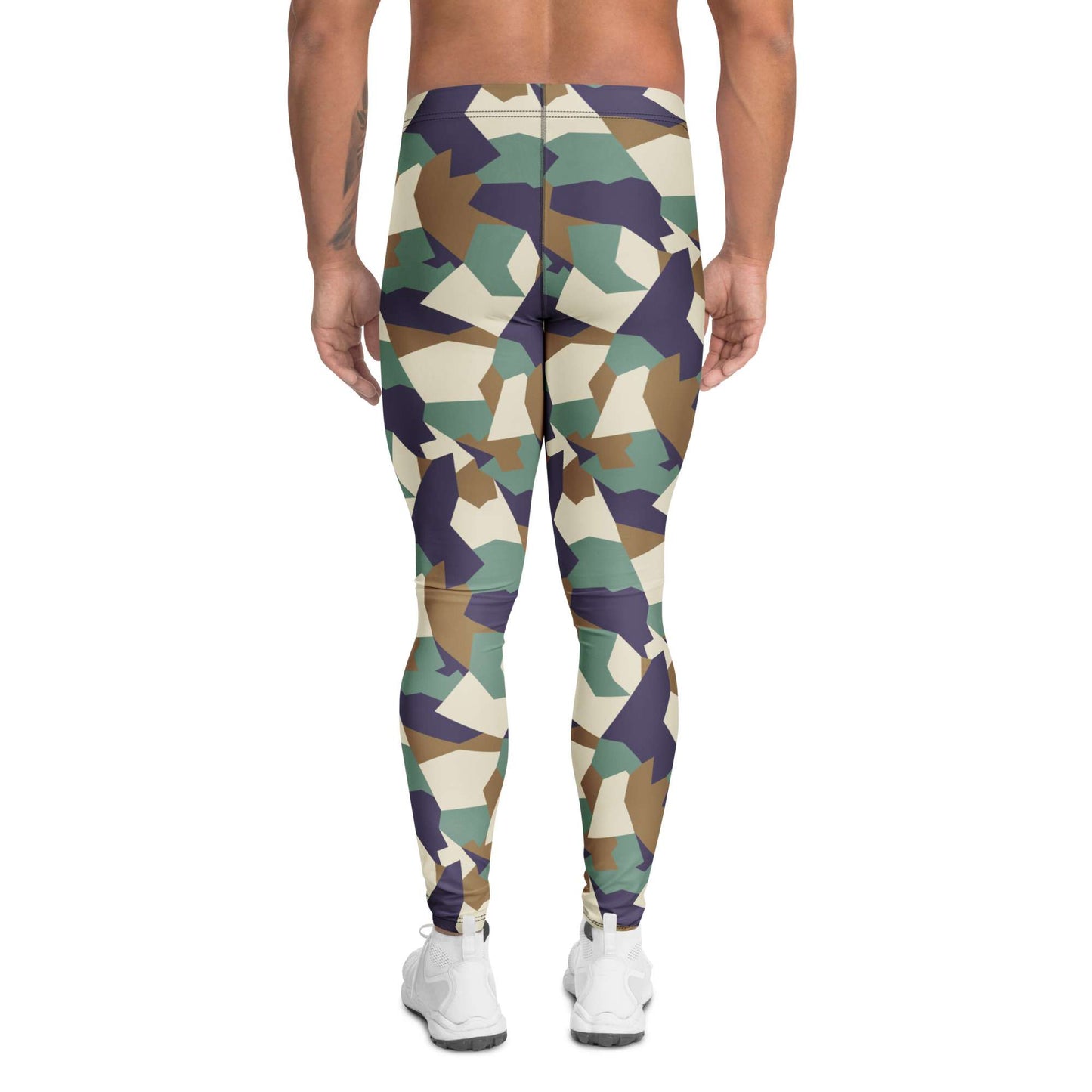 A man shown from the back wearing full-length geometric camouflage leggings in beige, green, brown, and navy, paired with white sneakers on a plain white background. Bold Colorful Camouflage Geometric Men's Leggings Activewear Shop Bold Colorful Camouflage Geometric Men's Leggings with a standout print, flexible fit, and all-day comfort for workouts or streetwear.