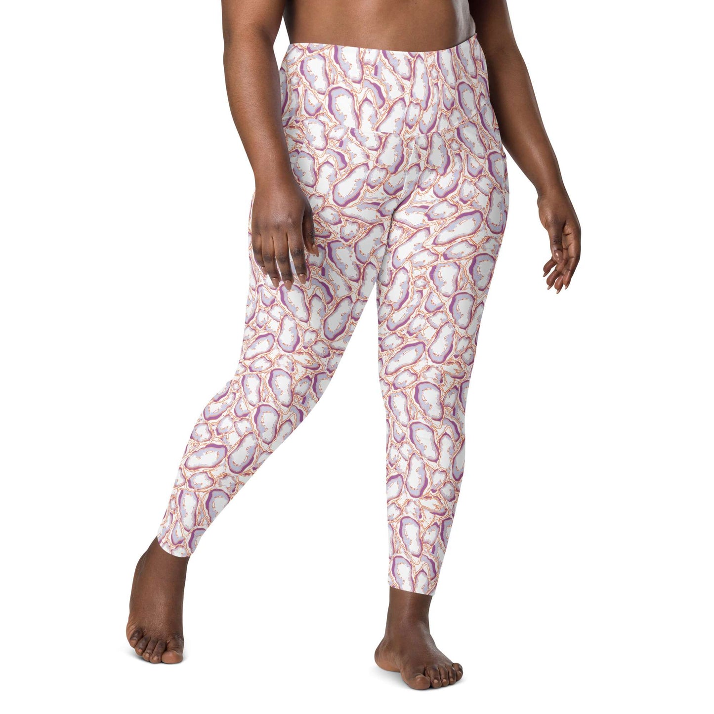 A person modeling high-waisted leggings with a white base and an abstract organic pattern in purple, pink, and orange, shown against a plain white background. Elegant Organic Marble Stone Leggings with Pockets Activewear Shop Elegant Organic Marble Stone Leggings with Pockets, designed for all-day comfort, flexible movement, and standout style. Elevate your activewear with Elegant Organic Marble Stone Leggings with Pockets, blending bold marble style, comfort, and function.
