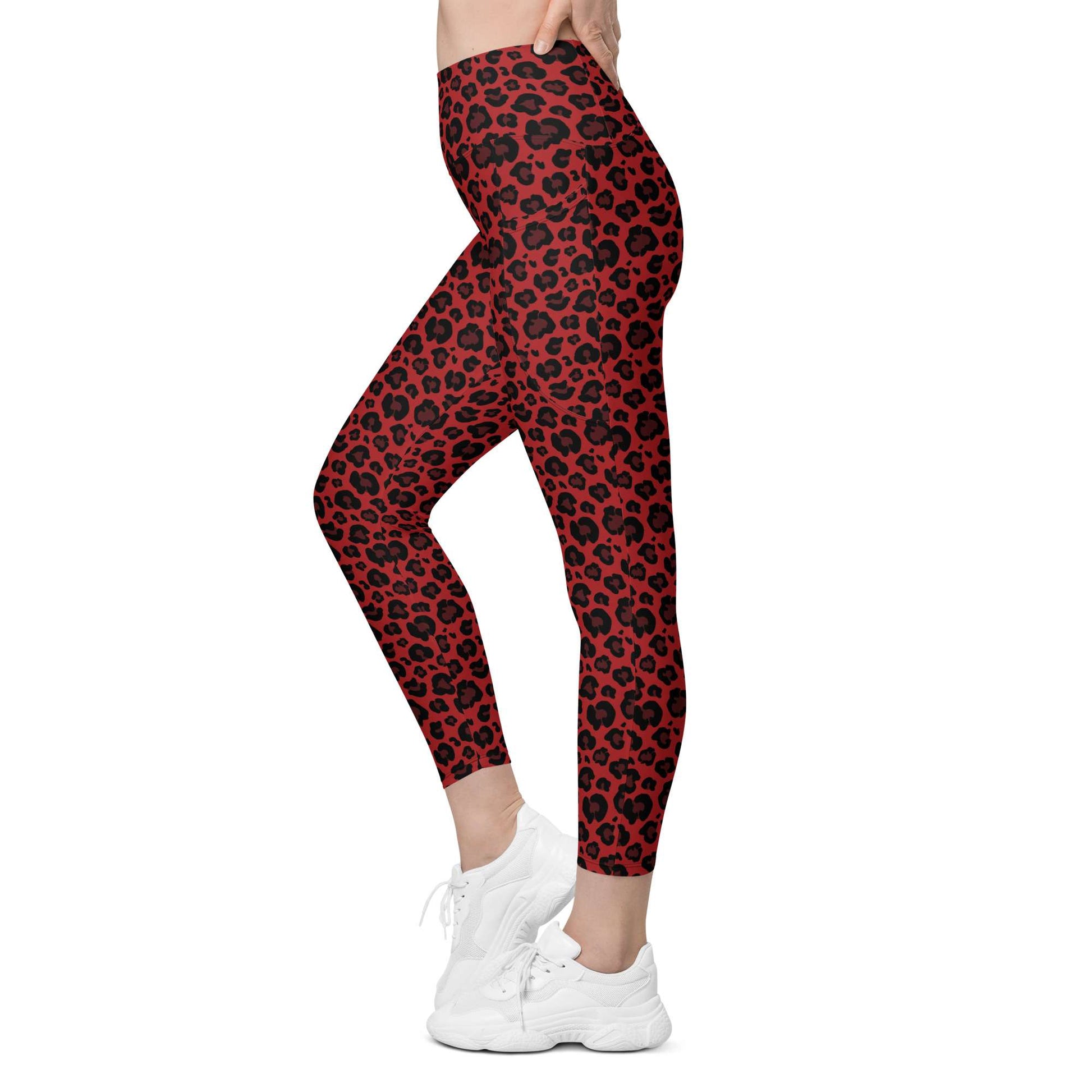 Person wearing black leggings and white sneakers on a white background Bold Red Leopard Print Leggings with Pockets Activewear Shop Bold Red Leopard Print Leggings with Pockets Activewear for a fierce workout look, flexible comfort, and handy everyday storage. Refresh your gym wardrobe with Bold Red Leopard Print Leggings with Pockets Activewear for vibrant style and on-the-go convenience.