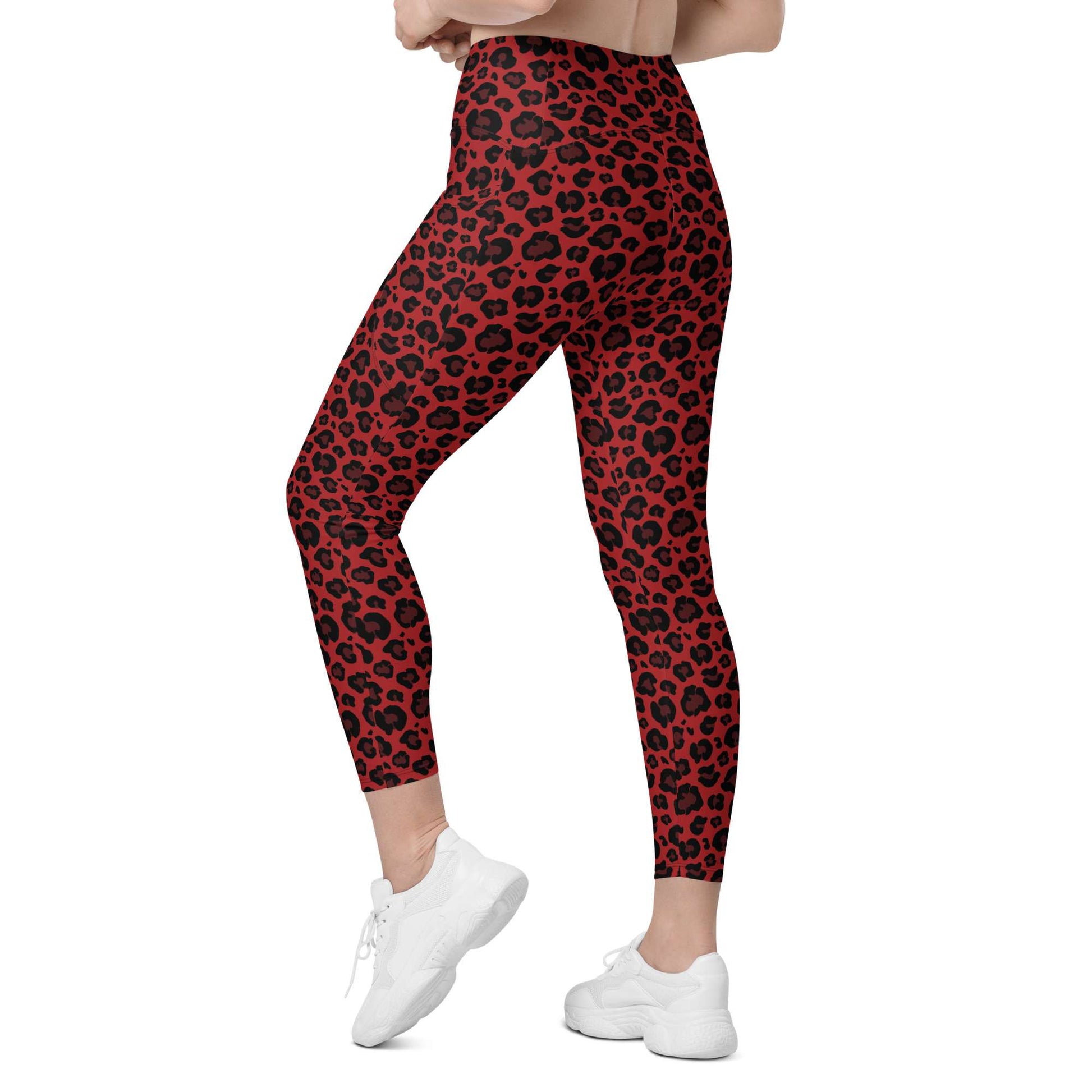 Maroon leggings worn by a person on a white background Bold Red Leopard Print Leggings with Pockets Activewear Shop Bold Red Leopard Print Leggings with Pockets Activewear for a fierce workout look, flexible comfort, and handy everyday storage. Refresh your gym wardrobe with Bold Red Leopard Print Leggings with Pockets Activewear for vibrant style and on-the-go convenience.