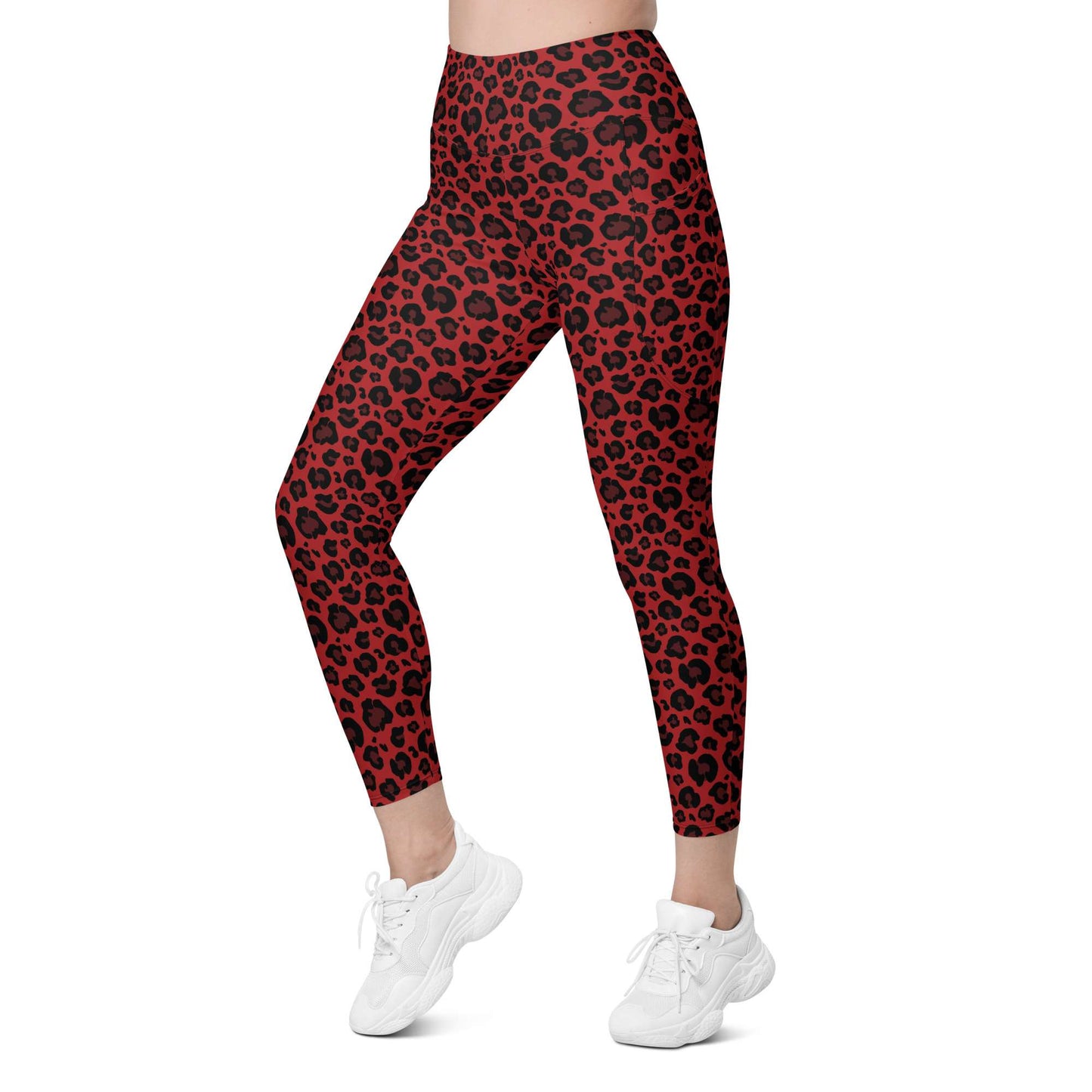 Person wearing black leggings and white sneakers on a white background Bold Red Leopard Print Leggings with Pockets Activewear Shop Bold Red Leopard Print Leggings with Pockets Activewear for a fierce workout look, flexible comfort, and handy everyday storage. Refresh your gym wardrobe with Bold Red Leopard Print Leggings with Pockets Activewear for vibrant style and on-the-go convenience.