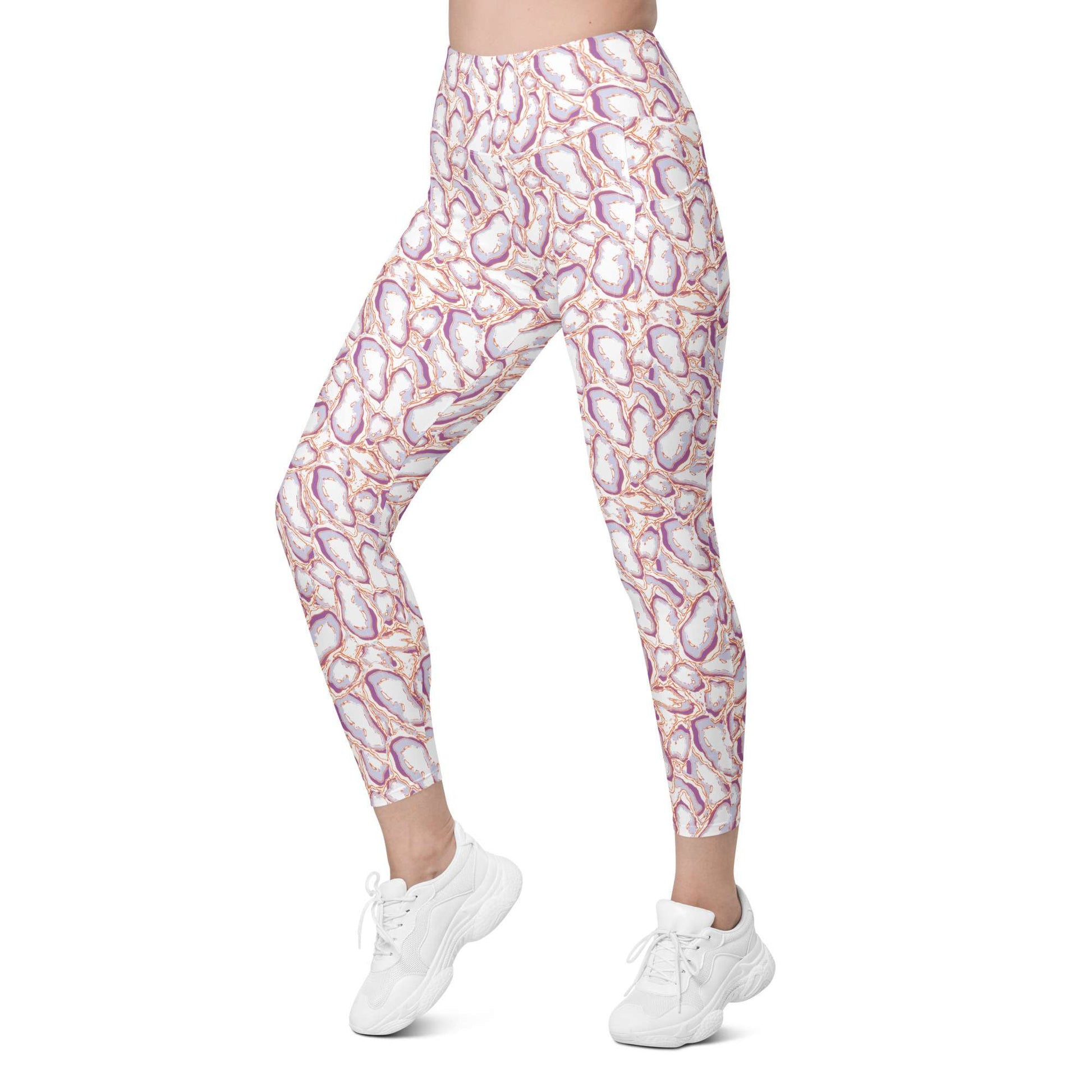 Pink leggings with a brand logo worn by a person on a white background Elegant Organic Marble Stone Leggings with Pockets Activewear Shop Elegant Organic Marble Stone Leggings with Pockets, designed for all-day comfort, flexible movement, and standout style. Elevate your activewear with Elegant Organic Marble Stone Leggings with Pockets, blending bold marble style, comfort, and function.